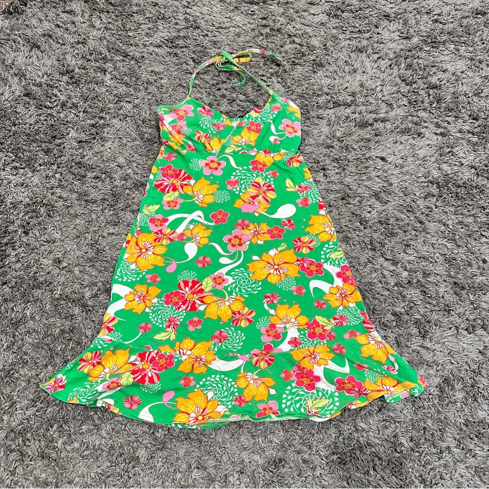 Y2k Vintage Floral Halter Surfer Chic Dress Hawaiian Hibiscus Print Cotton